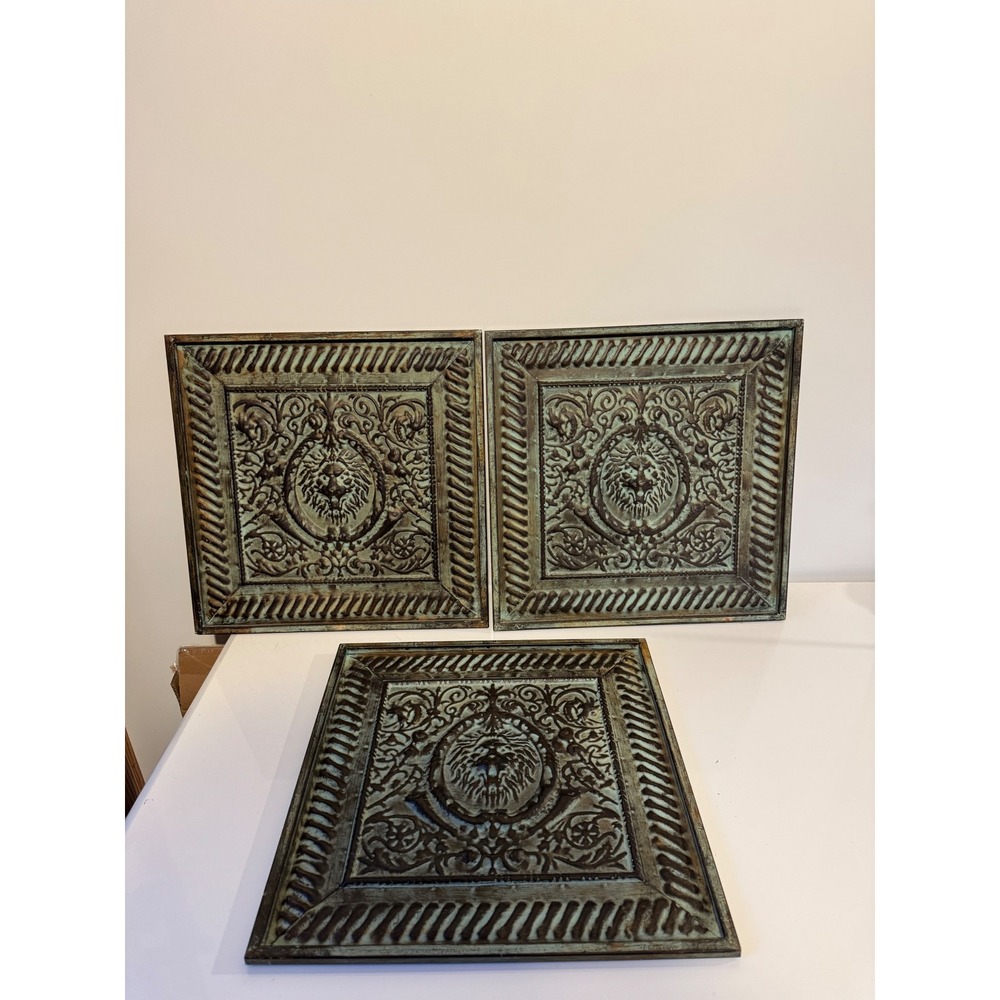 Set of 3 Lion Head Metal Wall Art Panels Verdigris Patina Finish 14.5" Square